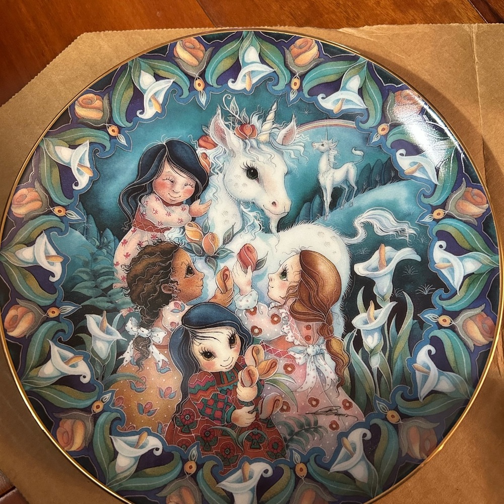 Blue and Gold Ceramic Art Plate with Whimsical Design